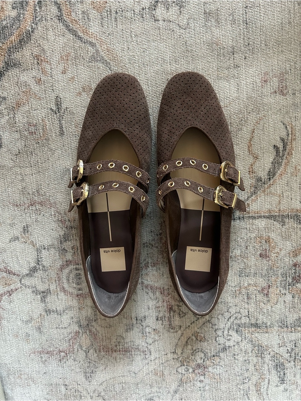 Dolce Vita BAYLEE GROMMET Dark Brown Perforated Suede Double Buckle Flats